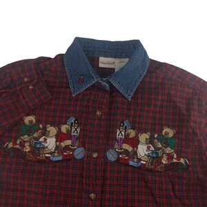 Bobbie Brooks Women L Red Plaid Embroidered Teddy Bear Denim Collar Button Up